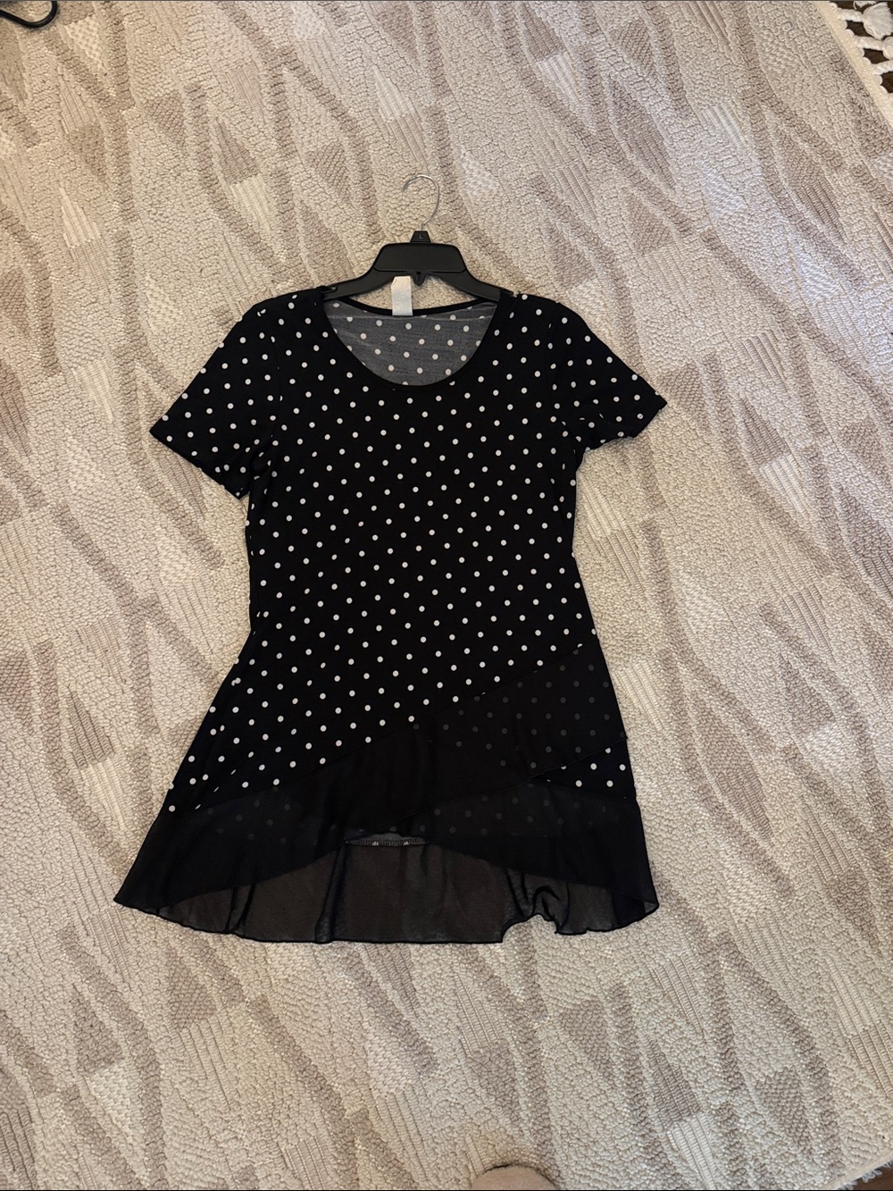 Black Polka Dot Short Sleeve Tunic with Sheer Hem